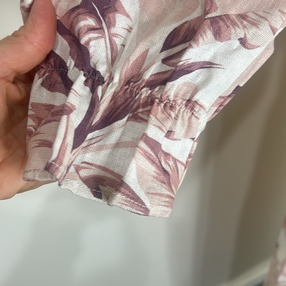 House of Harlow 1960 Linen Smocked Pink Palm Midi Dress Bishop Sleeve Medium - Picture 5 of 16